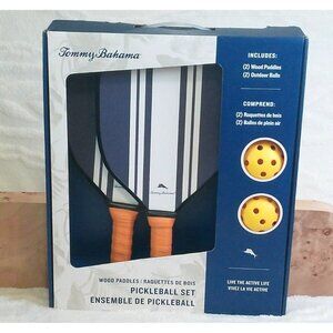 Tommy Bahama Pickleball New 2 Paddles Balls Wood Dark Blue White Stripes Paddle